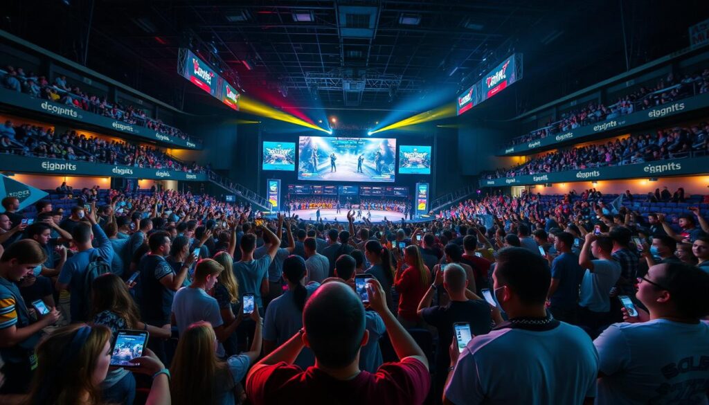 A bustling esports arena, the audience erupting in cheers and excitement. In the foreground, a group of fans passionately engaging with the live stream on their mobile devices, their faces illuminated by the glow of the screens. The middle ground features a large, high-definition display showcasing the intense gameplay, capturing the attention of the captivated crowd. Overhead, bright, dynamic lighting sets the energetic mood, complemented by the vibrant colors of the esports branding. The camera angle is slightly elevated, providing a panoramic view of the immersive, real-time fan interaction unfolding before us.