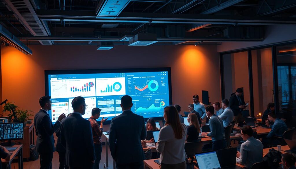 A bustling office setting with a large projection screen showcasing various sports analytics dashboards and data visualizations. In the foreground, a group of young professionals in business attire are engaged in a lively discussion, gesturing towards the screen and sharing insights. The middle ground features a diverse array of employees, some hunched over laptops, others conferring at a whiteboard, all immersed in the fast-paced world of sports data analysis. The background is dimly lit, creating a sense of focus and intensity, with sleek, modern furniture and equipment lending an air of technological sophistication. Warm, directional lighting casts subtle shadows, highlighting the concentration and dedication of the team. An atmosphere of innovation and boundless potential permeates the scene.