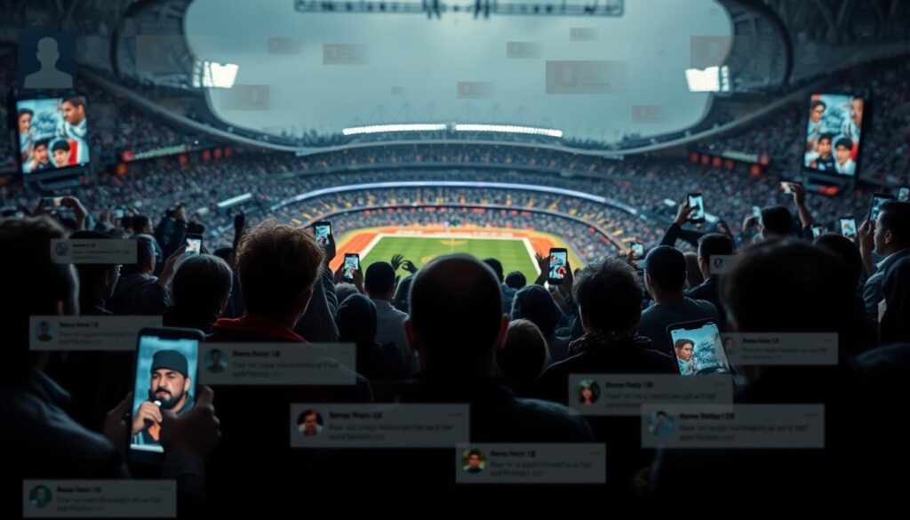 A bustling social media landscape, with users engaging in heated discussions and debates about the latest sports stories and controversies. In the foreground, a group of fans passionately exchanging comments, their faces obscured by a digital overlay, symbolizing the sense of anonymity and disconnect that social media can foster. In the middle ground, a sports stadium looms, its grandeur diminished by the intrusion of smartphones and screens, capturing the fans' attention. The background is a blurred collage of social media icons and platforms, hinting at the overwhelming presence of digital discourse in the modern sports experience. The scene is bathed in a moody, desaturated lighting, evoking a sense of tension and the challenges of navigating the complex interplay between social media and the sports industry. A bustling social media landscape, with users engaging in heated discussions and debates about the latest sports stories and controversies. In the foreground, a group of fans passionately exchanging comments, their faces obscured by a digital overlay, symbolizing the sense of anonymity and disconnect that social media can foster. In the middle ground, a sports stadium looms, its grandeur diminished by the intrusion of smartphones and screens, capturing the fans' attention. The background is a blurred collage of social media icons and platforms, hinting at the overwhelming presence of digital discourse in the modern sports experience. The scene is bathed in a moody, desaturated lighting, evoking a sense of tension and the challenges of navigating the complex interplay between social media and the sports industry.