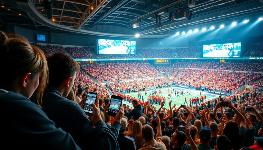 A bustling sports arena, filled with the energy of a new generation of fans. In the foreground, a group of friends huddled around their smartphones, eyes glued to the TikTok livestream of the game, capturing and sharing every thrilling moment. In the middle ground, the stadium's large screens display real-time highlights and stats, seamlessly integrating the digital and physical experiences. The background is a sea of vibrant jerseys and team colors, the crowd erupting in synchronized cheers and chants, their smartphones held high, capturing the electric atmosphere. Warm, dynamic lighting creates a sense of excitement and connection, as the fans become active participants in the live event, blurring the lines between spectator and performer. A bustling sports arena, filled with the energy of a new generation of fans. In the foreground, a group of friends huddled around their smartphones, eyes glued to the TikTok livestream of the game, capturing and sharing every thrilling moment. In the middle ground, the stadium's large screens display real-time highlights and stats, seamlessly integrating the digital and physical experiences. The background is a sea of vibrant jerseys and team colors, the crowd erupting in synchronized cheers and chants, their smartphones held high, capturing the electric atmosphere. Warm, dynamic lighting creates a sense of excitement and connection, as the fans become active participants in the live event, blurring the lines between spectator and performer.