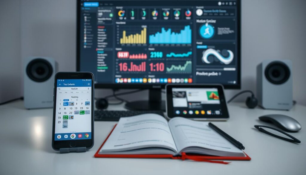 A busy athlete's workspace with a sleek, modern desktop setup. In the foreground, a smartphone displays the Google Calendar app, its clean interface showcasing color-coded schedules and upcoming events. Beside it, an open Notion notebook captures training plans, class assignments, and to-do lists. In the middle ground, a tablet displays the TeamSnap app, its team-focused features visible. The background features a large monitor displaying productivity statistics and performance analytics, creating an immersive, high-tech environment. Soft, directional lighting and a minimalist color palette of grays, whites, and blues convey a sense of focus and efficiency, reflecting the student athlete's need to balance academic, athletic, and personal commitments.
