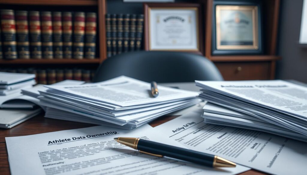 A cluttered desk with stacks of legal documents, a laptop, and a pen resting on top. The documents have titles like "Athlete Data Ownership Agreement" and "Personal Data Privacy Policy". The lighting is soft and diffused, creating a serious, professional atmosphere. In the background, a bookshelf with legal tomes and a framed certificate of authenticity, conveying the gravity of the subject matter. The overall scene suggests the complex legal and ethical considerations surrounding athlete data ownership and control.