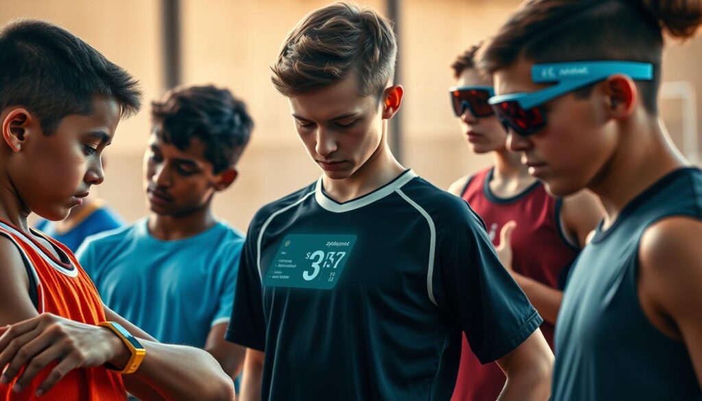 A group of youth athletes wearing stylish wearable tech devices that monitor their fitness, performance, and wellness metrics. The devices are sleek and discreet, seamlessly integrated into their athletic gear. In the foreground, a young basketball player glances at the data displayed on their smart wristband, while in the middle ground, a soccer player reviews their recent game stats on a small, holographic screen projected from their jersey. In the background, a track runner checks their heart rate and breathing patterns on a heads-up display embedded in their sports sunglasses. The lighting is warm and natural, capturing the determination and focus of the athletes as they strive for excellence.