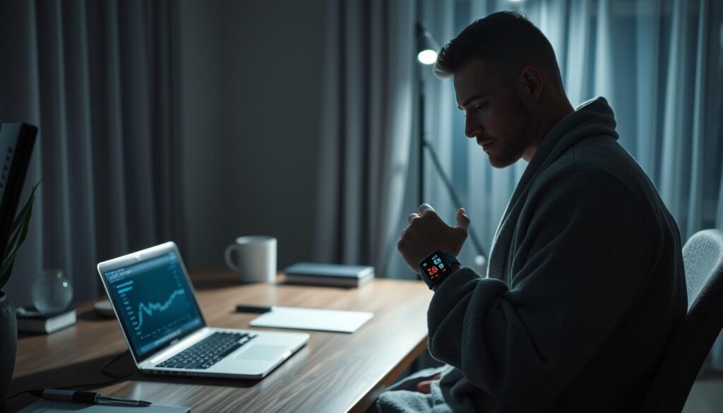 A serene home office at night, dimly lit by the glow of a laptop screen. On the desk, a smartwatch displaying sleep data and heart rate metrics. The athlete, in a comfortable robe, reviews the visualized trends with a thoughtful expression, considering the implications for their wellbeing. The atmosphere is contemplative, highlighting the ethical dilemma of leveraging personal data for health optimization. Muted tones create a sense of introspection, while the composition emphasizes the solitary nature of the scene. Subtle shadows and highlights accentuate the technical details of the smartwatch interface.