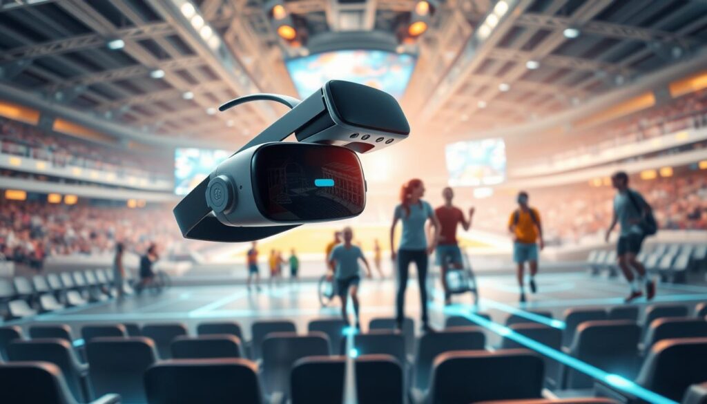 A sleek, minimalist VR headset hovers in the foreground, its streamlined design and accessibility features showcasing the future of immersive gaming. In the middle ground, a diverse group of players, including individuals with physical disabilities, navigate a vibrant virtual world, their movements seamlessly translated through advanced motion tracking. The background depicts a futuristic sports arena, its holographic displays and adaptive seating arrangements highlighting the broader accessibility and inclusivity of the VR experience. Soft, diffused lighting creates a sense of wonder and optimism, inviting the viewer to envision a world where virtual and physical realms converge, empowering everyone to participate in the thrill of live sports.
