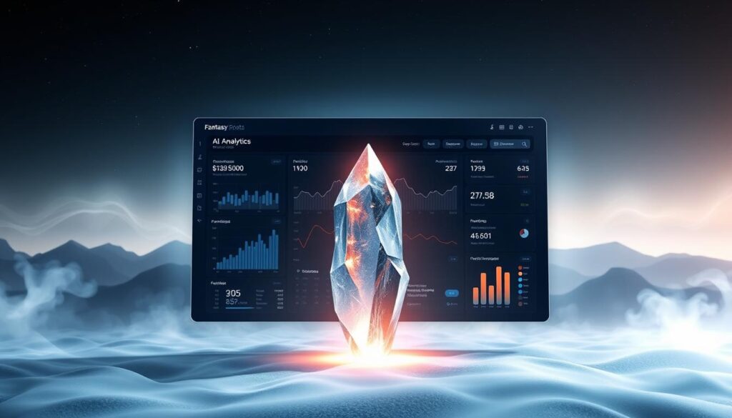 A sleek, minimalist fantasy sports analytics dashboard displays real-time data visualizations floating against a mystical, ethereal backdrop. In the foreground, a holographic display showcases advanced AI-powered metrics and insights, seamlessly blending technology and fantasy. The middle ground features a striking crystalline structure, emitting a soft, ambient glow that illuminates the scene. In the background, a dreamlike landscape of swirling energy and abstract shapes creates a sense of boundless imagination. The overall atmosphere evokes a futuristic, immersive experience where technology and fantasy converge to revolutionize the world of fantasy sports.