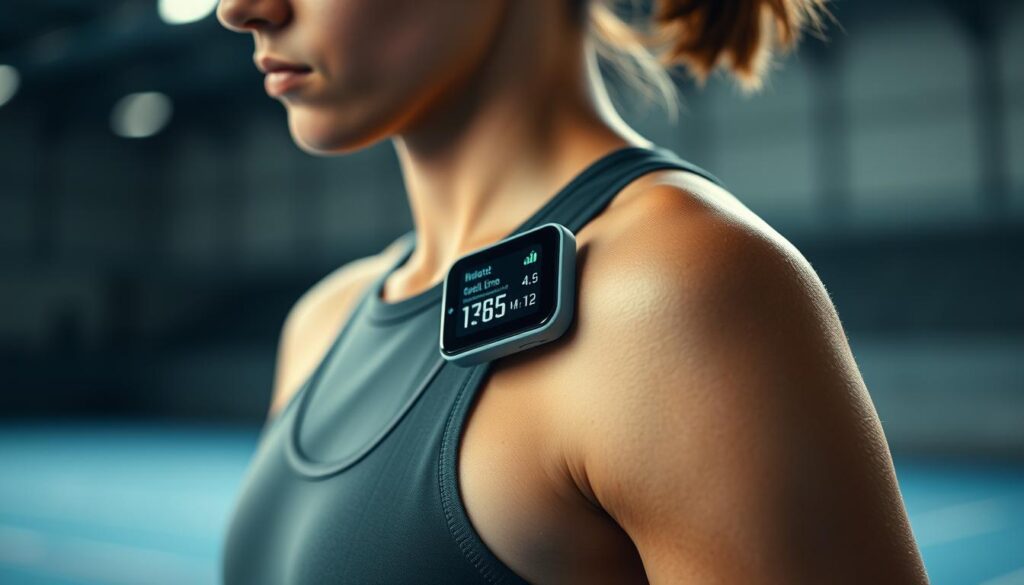 A sleek, minimalist wearable device worn by a young athlete, designed to securely collect and store their personal data. The device features a minimalist design with clean lines and a muted color palette, blending seamlessly with the athlete's sporty attire. The device's display discreetly shows real-time biometric data, empowering the athlete to monitor their performance and wellness. Soft, ambient lighting illuminates the device, creating a sense of futuristic sophistication. The scene is captured in a high-contrast, slightly desaturated tone, emphasizing the technical and serious nature of the subject matter. The background is a blurred, out-of-focus athletic facility, hinting at the device's purpose within the context of the athlete's training and competition.