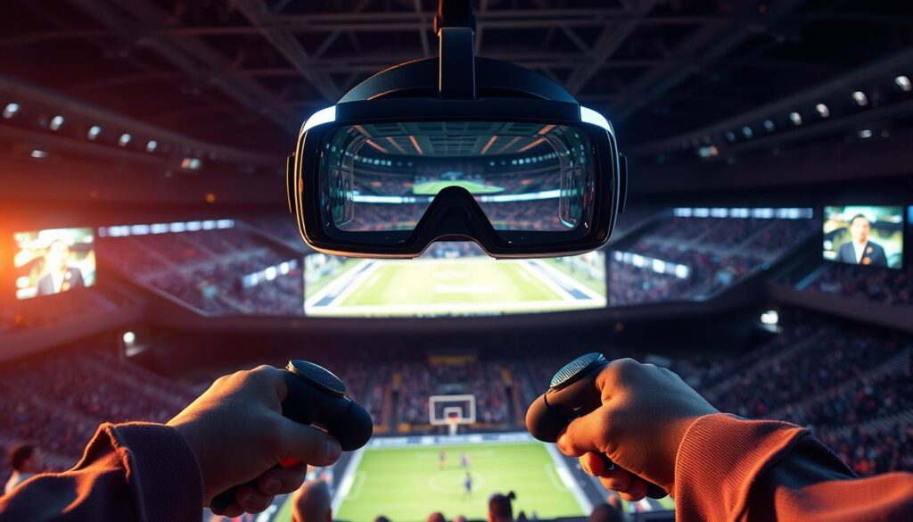 A state-of-the-art virtual reality headset immerses the viewer in a captivating sports arena. The foreground showcases a large curved display, seamlessly blending the virtual environment with the user's field of vision. In the middle ground, motion-tracked controllers allow for intuitive, real-time interaction, simulating the experience of being on the sidelines. The background depicts a spacious, dimly lit room, with subtle ambient lighting that enhances the sense of presence and immersion. The overall atmosphere is one of awe-inspiring realism, transporting the viewer into the heart of the sporting event and blurring the lines between the physical and digital realms.