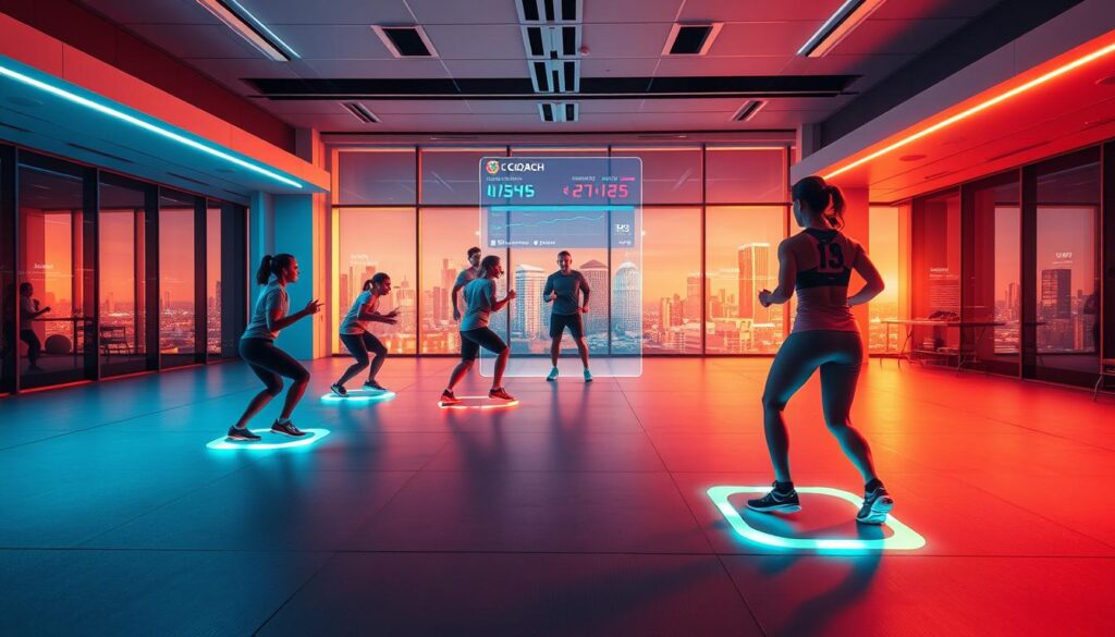 A vibrant, gamified sports training scenario set in a futuristic, high-tech environment. In the foreground, a group of athletes compete in an interactive, AR-enhanced fitness challenge, their movements tracked by a network of motion sensors. The middle ground features a holographic coach providing real-time feedback and gameplay elements like score displays and power-ups. In the background, a sleek, minimalist training facility with floor-to-ceiling windows overlooking a dynamic cityscape, bathed in warm, diffused lighting that creates a sense of energy and excitement. The overall atmosphere conveys the fusion of physical activity and digital engagement, where sports and gaming seamlessly converge to enhance the learning and training experience. A vibrant, gamified sports training scenario set in a futuristic, high-tech environment. In the foreground, a group of athletes compete in an interactive, AR-enhanced fitness challenge, their movements tracked by a network of motion sensors. The middle ground features a holographic coach providing real-time feedback and gameplay elements like score displays and power-ups. In the background, a sleek, minimalist training facility with floor-to-ceiling windows overlooking a dynamic cityscape, bathed in warm, diffused lighting that creates a sense of energy and excitement. The overall atmosphere conveys the fusion of physical activity and digital engagement, where sports and gaming seamlessly converge to enhance the learning and training experience.