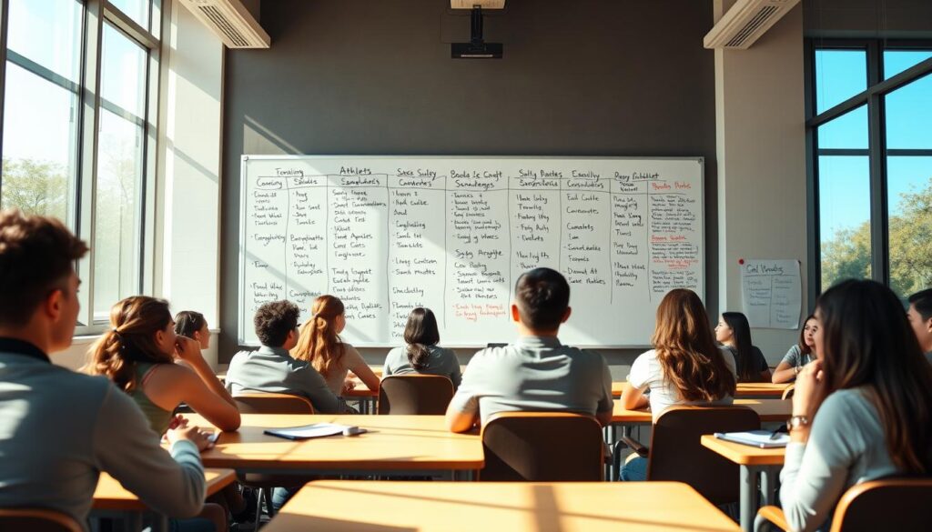 A well-lit classroom setting, with a large whiteboard or chalkboard taking center stage. On the board, handwritten case studies and schedules depicting the daily routines of student athletes, showcasing their time management strategies. In the foreground, a group of students sitting at desks, deep in discussion, their expressions thoughtful and engaged. Natural sunlight streams in through large windows, casting a warm glow on the scene. The overall atmosphere conveys a sense of focus, collaboration, and the challenges faced by student athletes as they strive to balance their academic and athletic commitments.