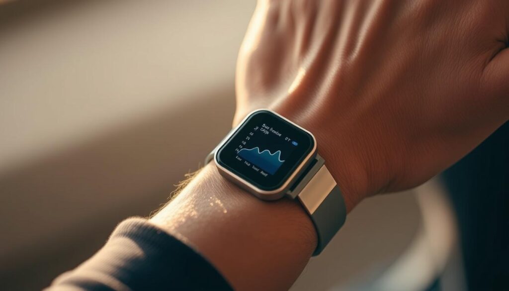 A close-up, detailed view of an athlete's wrist, showcasing a sleek, high-tech sleep tracking device. The device's screen displays a graph, visualizing the athlete's sleep patterns and data. The background is softly blurred, emphasizing the focus on the tracking device. The lighting is warm and natural, creating a serene, relaxed atmosphere. The image conveys the idea of the athlete taking a proactive approach to monitoring their health and well-being, aligning with the "Creating Healthy Habits Online" section of the article.