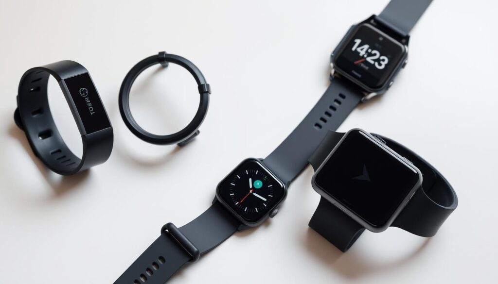 A head-on, well-lit studio photograph showcasing a side-by-side comparison of the latest fitness tracking wearables - Fitbit, Garmin, Whoop, and Apple Watch. The devices are arranged on a clean, minimalist surface, their sleek designs and distinctive features prominently displayed. Soft shadows and diffused lighting create a professional, editorial look, allowing the products to take center stage. The image conveys a sense of technological sophistication and the high-performance capabilities of these cutting-edge fitness trackers, perfectly suited to capture the essence of the "Top Wearables" section.