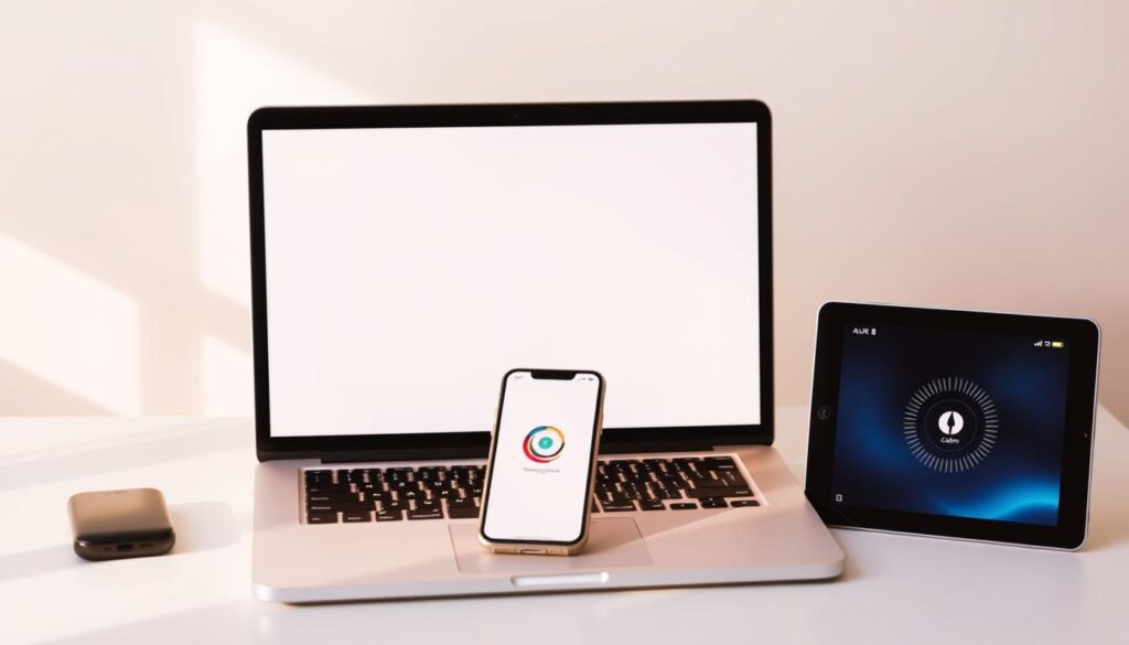 A minimalist desktop scene with a laptop, smartphone, and tablet arranged neatly against a soft, blurred background. The devices display the logos and interfaces of popular mindfulness apps like Calm, Headspace, Insight Timer, and Aura. Warm, natural lighting illuminates the setup, creating a serene, focused atmosphere. The composition is visually balanced, with clean lines and a sense of simplicity, reflecting the calming nature of the apps. The overall mood is one of tranquility and mindfulness, perfectly capturing the concept of "Best Apps: Calm, Headspace, Insight Timer, Aura" for modern athletes.