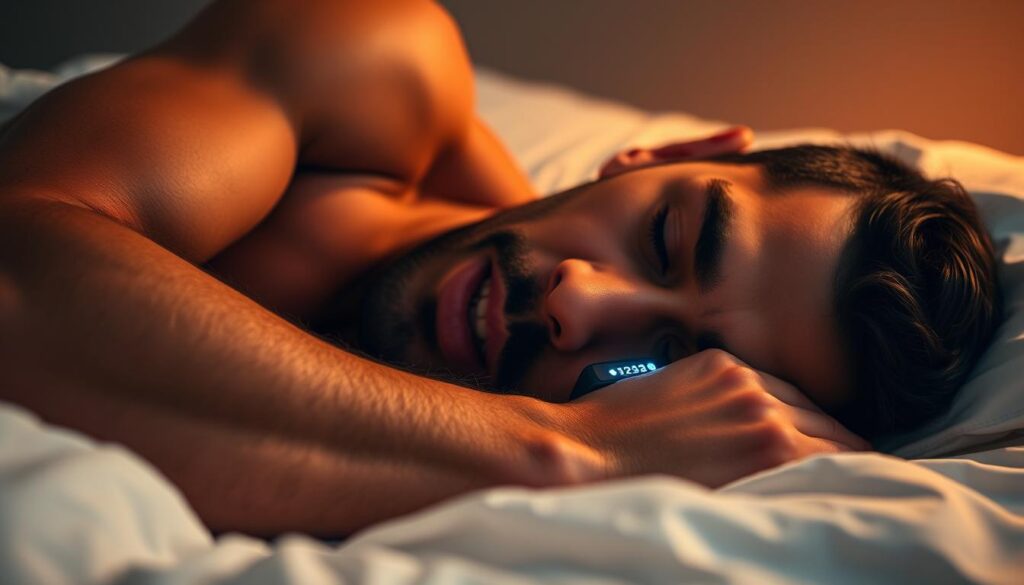 A professional athlete sleeps peacefully, their wearable device tracking vital signs and sleep patterns. The lighting is soft and warm, creating a tranquil atmosphere. The bedsheets are crisp and white, contrasting with the athlete's toned physique. The background is blurred, focusing attention on the athlete's face and the glowing display of the tracking device. The image conveys a sense of success and well-being, highlighting how technology empowers athletes to optimize their recovery and performance.