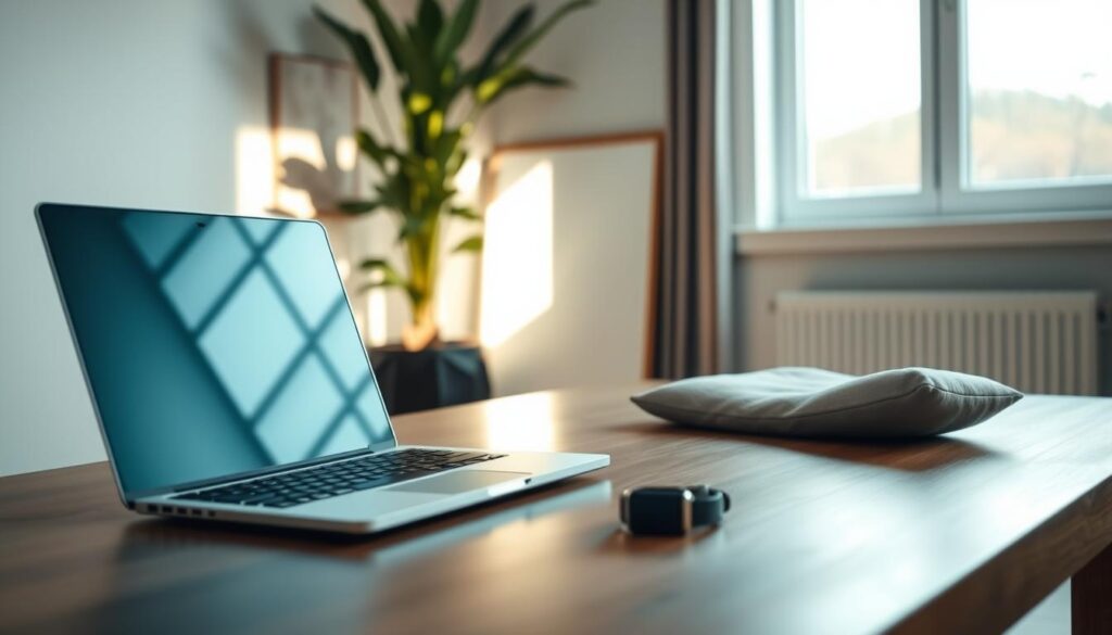 A serene, minimalist home office setup with a laptop, meditation cushion, and a smartwatch on a wooden desk. Soft, natural lighting filters through a large window, casting a warm, contemplative glow. In the background, a lush indoor plant and a simple, abstract wall art piece create a calming, zen-inspired atmosphere. The scene conveys a sense of mindfulness and balance, encouraging the athlete to thoughtfully interpret their sleep data and avoid becoming overly obsessed with it.