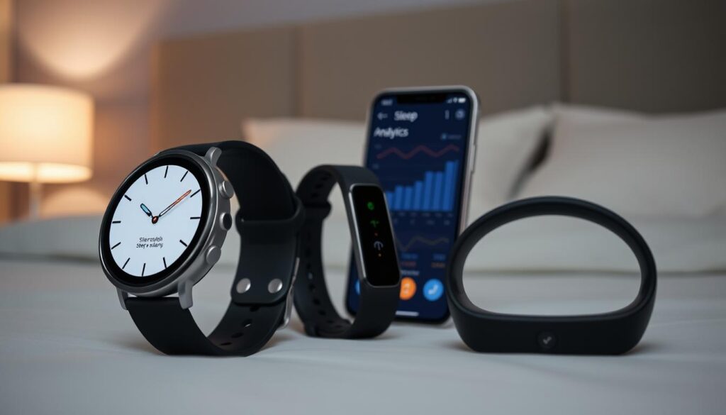 A sleek and modern composition showcasing the latest wearable sleep tracking technologies. In the foreground, a minimalist display smartwatch and a fitness band with integrated sleep monitoring sensors. In the middle ground, a mobile device displaying a sleep analytics app with charts and graphs. The background features a serene, calming bedroom setting with soft, diffused lighting from a bedside lamp. The overall mood is one of sophistication and practicality, highlighting the seamless integration of sleep tracking into our daily lives. The image conveys the efficiency and effectiveness of these wearable technologies in monitoring and optimizing sleep for active individuals.