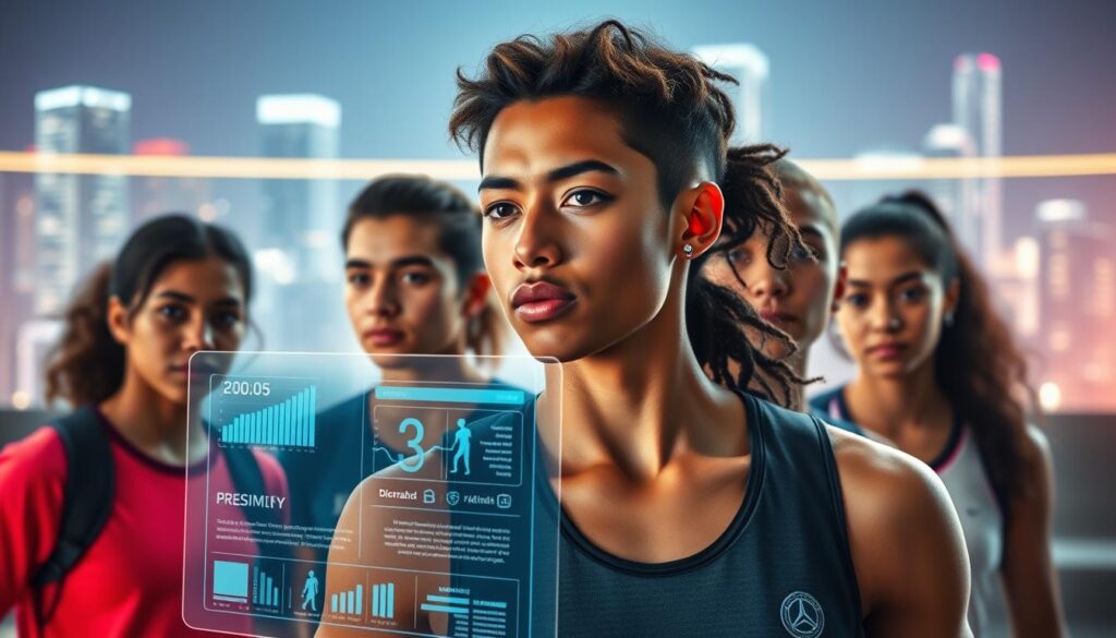 A sleek, futuristic digital platform showcases a group of diverse, high-performance teen athletes. In the foreground, a holographic interface displays real-time biometric data and personalized training recommendations. The middle ground features a sleek, minimalist design with bold typography and geometric shapes, creating a sense of innovation and technology. In the background, a luminous cityscape backdrop adds a touch of modernity and urban dynamism. The overall scene conveys a vision of the future of athlete recruitment, where cutting-edge wearable tech and AI-powered analytics converge to empower the next generation of sports talent.