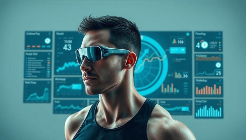 A sports enthusiast wearing a sleek, futuristic wearable device, surrounded by a dynamic display of real-time analytics and performance data. The device's sleek design and intuitive interface stand out against a clean, minimalist background, with subtle lighting accentuating the technology's sophisticated features. The overall atmosphere conveys a sense of innovation, empowerment, and the seamless integration of technology into the world of sports.