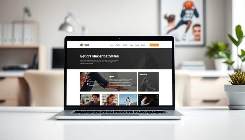 A stylish and minimalist online portfolio interface for student athletes, displayed on a laptop screen in a well-lit, contemporary office setting. The portfolio showcases the athlete's accomplishments, achievements, and sports highlights through a clean, responsive web design with subtle animated transitions. The background features blurred, out-of-focus office elements, such as a desk, chair, and potted plant, creating a professional and distraction-free environment. The overall mood is one of focus, dedication, and digital-age presentation of the student athlete's personal brand and story.