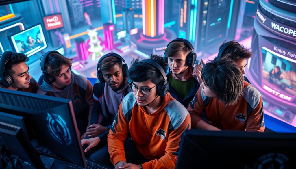 A team of diverse esports athletes, each with their own unique gaming identity, collaborating online. In the foreground, players are engaged in strategic discussions, their avatars reflected in the screens of their gaming setups. The middle ground features a dynamic array of gaming peripherals, headsets, and controllers, conveying the technological prowess of the esports ecosystem. In the background, a vibrant digital landscape with neon-lit environments and futuristic architecture sets the scene for this immersive online experience. The lighting is crisp and cool, evoking a sense of focus and intensity, while the camera angle suggests an overhead, omniscient perspective, capturing the collaborative nature of the team's online interactions.
