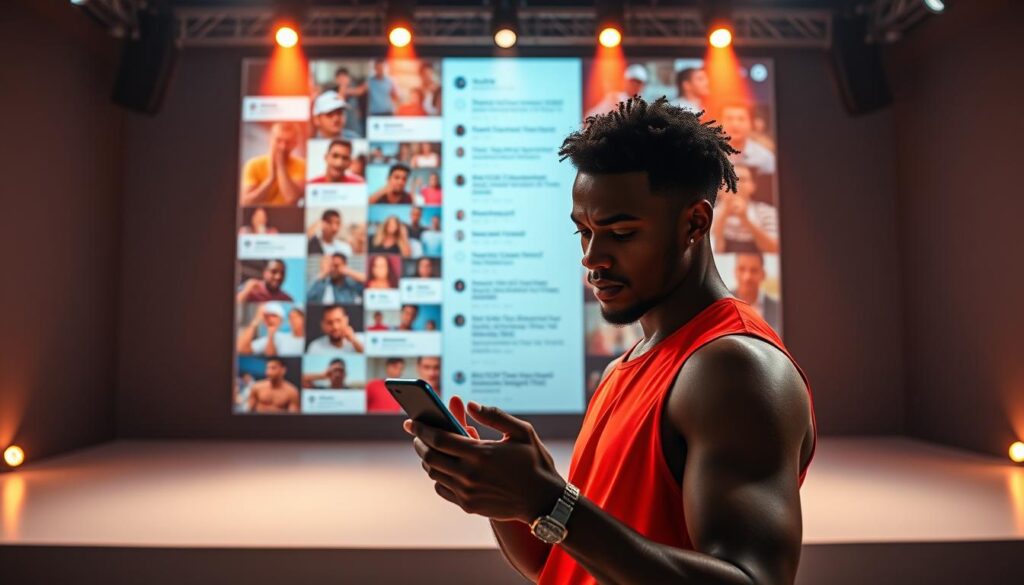 A vibrant and dynamic social media strategy for modern athletes, captured through a striking visual. In the foreground, an athlete scrolls thoughtfully through their phone, carefully curating their online presence. The middle ground showcases a collage of positive social media interactions - likes, comments, and shares from engaged fans. In the background, a clean and minimalist stage, with lighting that casts a warm, professional glow, symbolizing the athlete's intentional approach to their digital brand. The overall atmosphere conveys a sense of control, authenticity, and a deep understanding of the power of social media in shaping an athlete's public persona.