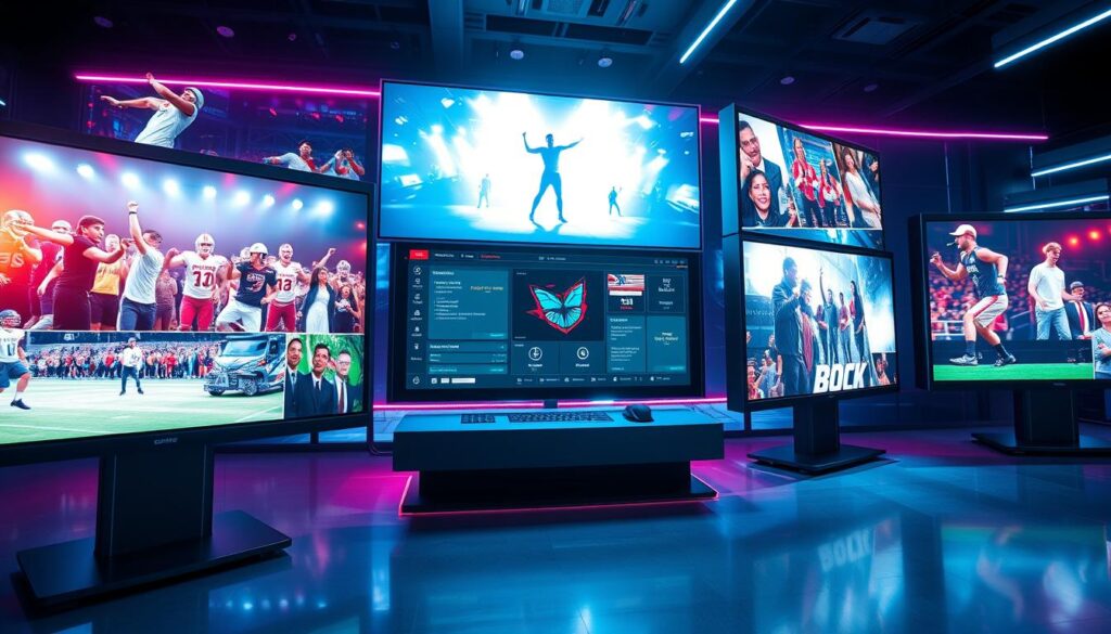 A vibrant digital highlight reel featuring dynamic video clips and eye-catching graphics displayed on multiple sleek screens. The foreground showcases high-quality footage of sports highlights, musical performances, and other compelling moments, conveying a sense of energy and excitement. The middle ground features a stylish, minimalist interface with intuitive controls, allowing seamless navigation through the content. The background depicts a sophisticated, futuristic setting with a cool, neon-tinged color palette, creating an immersive, technologically advanced atmosphere. Dramatic lighting accentuates the depth and dimension of the scene, while a wide-angle lens captures the grandeur and scale of the digital showcase.