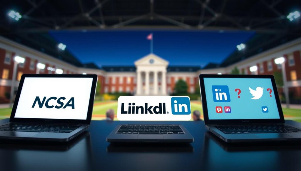 A well-lit scene showcasing the leading athlete recruitment platforms. In the foreground, the logos of NCSA, Hudl, LinkedIn, and popular social media sites are prominently displayed on sleek devices, hinting at the digital tools student-athletes use to connect with college programs. The middle ground features a blurred background of a university campus, evoking the collegiate environment. The scene is captured with a wide-angle lens, emphasizing the interconnected nature of these online recruitment tools. The overall mood is one of professionalism and opportunity, reflecting the importance of digital visibility in the modern athlete recruitment landscape.