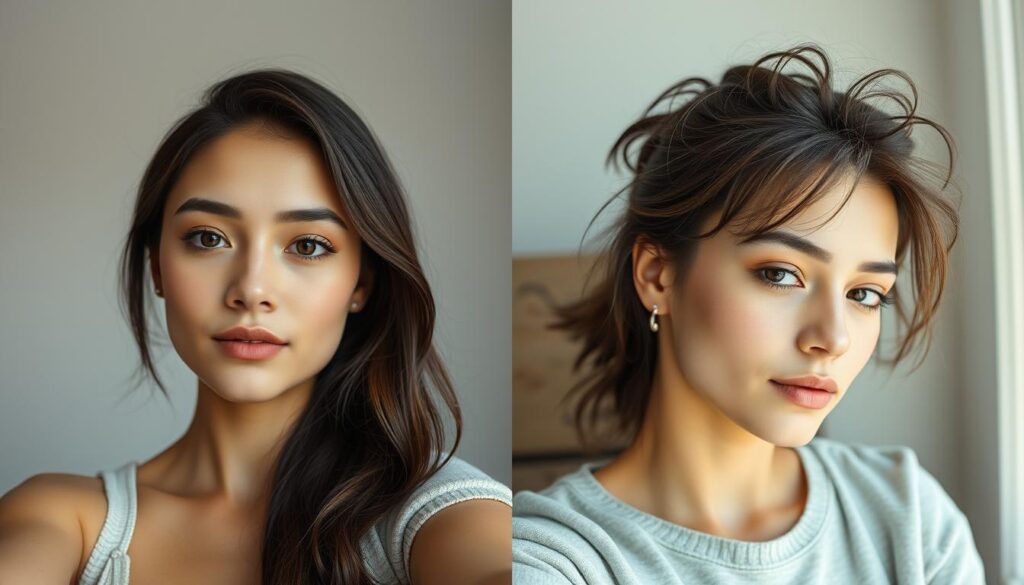 Two side-by-side portraits, contrasting the idealized online persona with the authentic offline reality. In the left frame, a young woman in a perfectly posed selfie, makeup flawlessly applied, lighting meticulously arranged. Her expression is serene, her skin airbrushed to perfection. In the right frame, the same woman, unfiltered and unedited, engaged in her daily routine - hair disheveled, skin bearing blemishes, features relaxed in a natural, unguarded moment. Soft, diffused lighting illuminates both scenes, emphasizing the stark differences between curated digital self and uncensored physical self. The overall tone is contemplative, inviting the viewer to reflect on the disconnection between social media facades and genuine human experience.