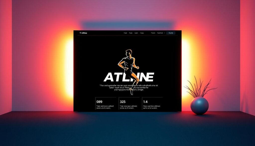 A sleek, minimalist digital environment with a vibrant, athletic feel. In the foreground, a stylized, dynamic human figure in motion, representing an online athletic identity. Mid-ground features clean, bold typography showcasing key personal attributes and accomplishments. The background subtly incorporates elements like polygonal patterns, gradient textures, and abstract shapes to create a sense of depth and digital aesthetics. Soft, directional lighting casts dramatic shadows, emphasizing the athletic form. The overall composition conveys a strong, confident, and visually captivating online presence that stands out from the crowd.
