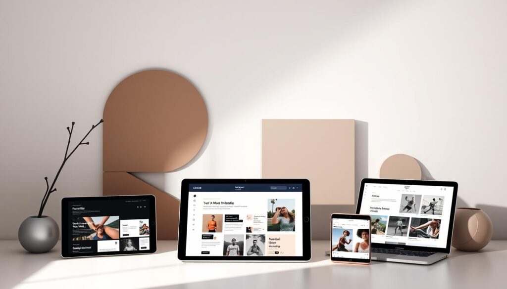 athlete portfolio platforms comparison - a clean, minimalist visual representation showcasing various online portfolio tools and platforms for showcasing athletic and academic achievements. Stylish, modern layout with devices in the foreground displaying different portfolio websites, surrounded by abstract graphic elements in muted tones. Soft, indirect lighting illuminates the scene, creating a professional, aspirational atmosphere. The focus is on the versatility and user-friendly features of these platforms, allowing athletes to present their skills, accomplishments and journey in a visually compelling manner.