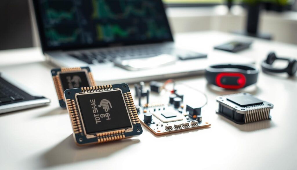 A close-up view of several microprocessors organized neatly on a sleek, modern workspace, highlighting their intricacies. The foreground features three distinct microprocessors with clear labels, their metallic surfaces reflecting soft, natural lighting. In the middle ground, a well-designed circuit board with various sensors connected, illustrating a practical setup for data logging. The background remains slightly blurred, showcasing a blurred laptop and fitness tracking devices to evoke a tech-savvy atmosphere. The lighting is bright and even, casting a professional feel, emphasizing precision and innovation. The overall mood conveys clarity and focus, ideal for informing decisions in selecting the right processors and sensors for fitness tracking projects.