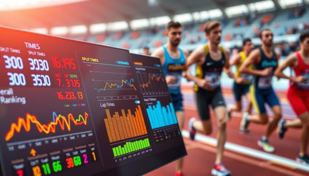 A detailed race timing data visualization as the focal point, showcasing various graphs and charts representing race performance metrics. In the foreground, a sleek digital display showing split times, overall rankings, and lap times in vibrant colors, with a glowing effect for emphasis. In the middle, lines connecting multiple data points suggest trends, with bar graphs illustrating performance comparisons among participants. The background features a blurred image of a racetrack, capturing an action-packed atmosphere with runners in motion, dressed in professional athletic gear. Soft, ambient lighting highlights the data, creating an analytical yet dynamic mood. The angle is slightly tilted to enhance depth, aiming to evoke excitement and focus on the importance of precise race logging.