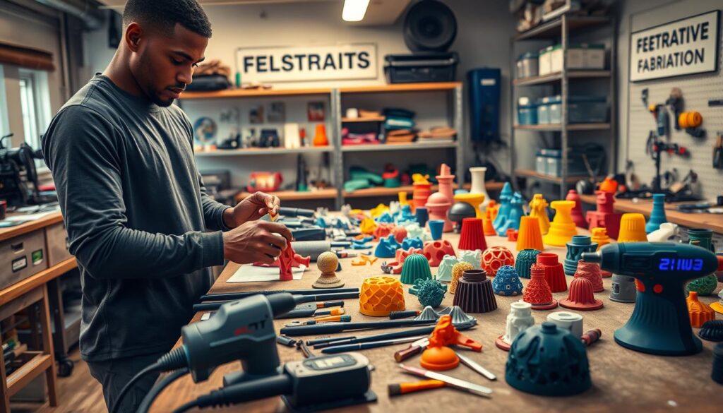 A detailed workshop setting focused on the custom equipment finishing process for 3D printed gear. In the foreground, an athlete in professional attire precision polishes a newly printed gear component with tools spread out on a workbench. The middle ground showcases an array of colorful 3D printed items in various stages of finishing, including sanding and painting, with tools like sanders, sprays, and brushes. The background features shelves filled with more equipment and signage indicating a creative fabrication space. Soft, warm lighting highlights the textures of materials, casting gentle shadows. The atmosphere is industrious yet creative, emphasizing the transformation of raw prints into polished, custom-fitted gear that enhances athletic performance.