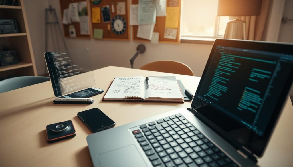A detailed workspace setup showcasing essential coding tools for sports tech development. In the foreground, a sleek laptop is open, displaying lines of code, with a mechanical keyboard and a mouse beside it. A smartphone rests nearby, displaying coding apps. In the middle, a clutter-free desk holds a notepad filled with sketches of sports technologies and project notes. The background features a bulletin board adorned with reminders and community-related materials. Soft, natural light filters through a window, casting a warm glow over the scene, creating an inviting and focused atmosphere. The angle captures the essence of productivity, conveying a sense of excitement for coding and collaboration in open-source projects.