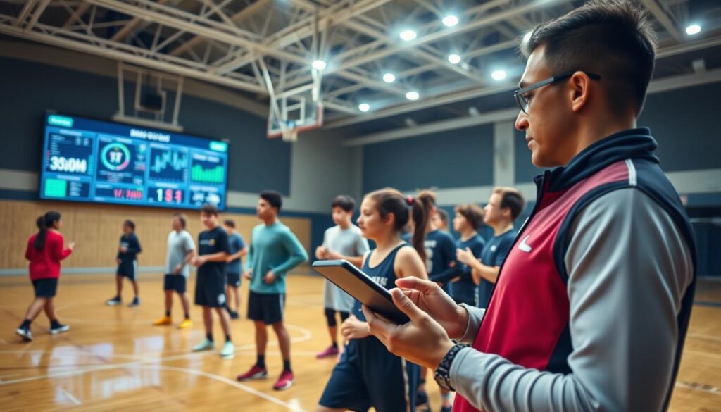A dynamic school gymnasium scene highlighting the implementation of sports technology, featuring a diverse group of coaches and students actively engaged in a training session. In the foreground, a coach in professional attire uses a tablet to analyze performance metrics displayed on a large screen, showcasing real-time data. The middle ground includes students practicing with smart wearables and sensors, demonstrating teamwork and focus. In the background, bright lights illuminate the space, enhancing a sense of energy and enthusiasm. The atmosphere is collaborative and innovative, with a modern design aesthetic. Capture the moment from a slightly elevated angle, emphasizing the interaction between technology and athletes, and creating a vibrant and inspiring mood.