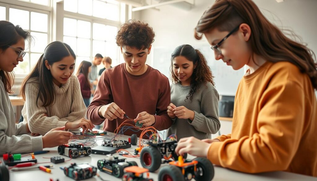 A group of diverse young students, wearing modest casual clothing, collaboratively working on a robotics project in a bright, spacious workshop. In the foreground, one student holds a circuit board while another connects wires, their expressions focused and engaged. On a nearby table, various robotic components and tools are scattered, showcasing teamwork and creativity. In the middle ground, additional students are brainstorming and sketching designs on a whiteboard, highlighting communication and collaboration. The background reveals large windows that let in natural light, casting a warm, encouraging glow over the scene. The atmosphere is vibrant and inspiring, emphasizing the joy of learning and collaboration in robotics. Use a wide-angle lens to capture the depth of interaction and dedication among the students.