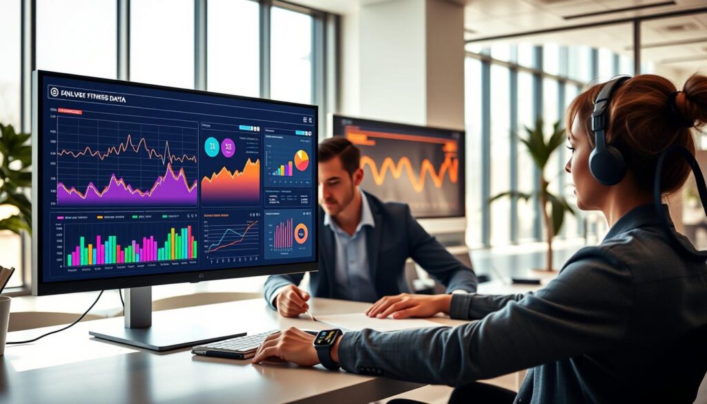 A high-tech data analytics visualization scene featuring a sleek, modern workspace. In the foreground, a large computer monitor displays vibrant, interactive graphs and charts related to fitness data, with colorful line graphs, pie charts, and data metrics. In the middle, a professional individual wearing smart casual attire sits at the desk, focused on the screen, with a notepad and fitness tracker smartwatch nearby. The background shows a bright, airy office environment with large windows allowing natural light to stream in, casting soft shadows. The atmosphere is vibrant and futuristic, suggesting innovation and progress in performance data analysis. The lighting is bright and engaging, highlighting the digital visualization elements.