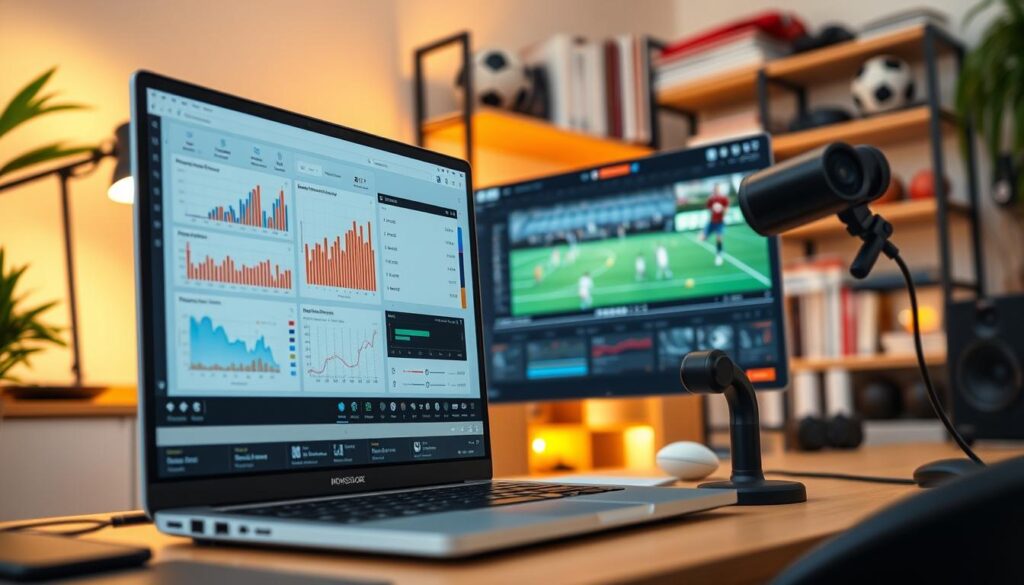 A sleek and modern sports video analysis software interface displayed on a high-resolution computer screen in a home office setup. The foreground features a clean, user-friendly layout with multiple analytical graphs, player statistics, and video playback controls. The middle ground shows a professional-looking laptop with a side view of an external webcam, emphasizing the software’s video analysis capabilities. In the background, soft ambient lighting highlights shelves with sports equipment and reference books, creating an inviting atmosphere for learning. The angle is slightly tilted for a dynamic view, and the scene conveys a sense of innovation and accessibility, suitable for a low-cost home sports analysis lab.