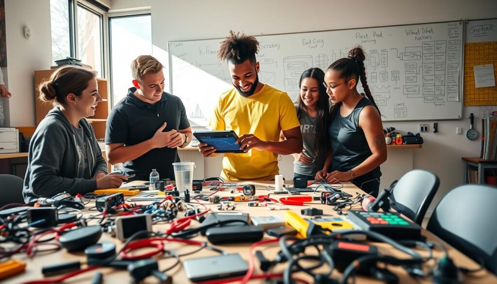 A vibrant, well-lit workspace showcasing various DIY sports tech hacks for teams. In the foreground, a table cluttered with tools, wires, and sports equipment like stopwatches, heart rate monitors, and homemade sensors. The middle ground features a diverse group of individuals—two coaches and a student athlete—collaborating enthusiastically while reviewing a tablet displaying data analytics; they are wearing modest athletic gear. In the background, a whiteboard filled with diagrams and strategies enhances the tech-focused atmosphere. Natural daylight streams through a large window, casting soft shadows, creating an inspiring and productive mood. The camera angle captures the hustle of innovation, highlighting the teamwork and creative spirit involved in tech hacks for school sports.