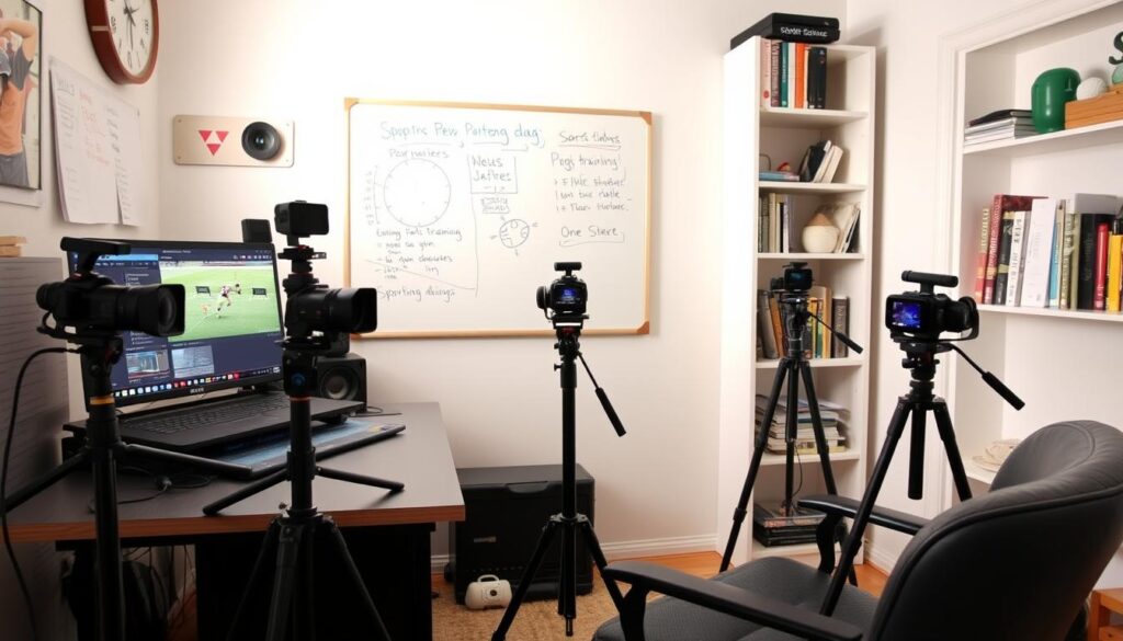 A well-organized, low-cost home sports video analysis lab setup in a cozy, brightly lit room. In the foreground, there’s a sturdy, compact desk equipped with a laptop displaying sports analysis software, surrounded by affordable cameras on tripods focused on a training area. The middle section features a whiteboard with sports performance metrics and notes, along with a few training aids like cones and hurdles. In the background, shelves hold textbooks on sports science and video editing. Use soft, natural lighting to create a welcoming and productive atmosphere. The angle is slightly elevated, capturing the entire space, emphasizing practicality and budget-friendly options. Ensure no people are present in the scene.