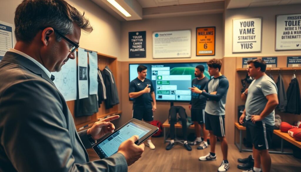 A dynamic sports coaching scene set in a modern locker room, portraying a coach in professional attire, intently analyzing game strategy on a tablet. The foreground features the coach deeply focused, surrounded by tactical boards filled with play diagrams. In the middle ground, teammates in casual athletic wear are engaged in discussions, pointing to a large screen displaying real-time Twitter feeds with live updates on game strategy. The background shows sports equipment and motivational posters. Soft, warm lighting enhances the collaborative atmosphere, emphasizing teamwork and strategic thinking. The angle captures a wide shot to showcase the interaction and buzz of activity, creating a lively and inspiring mood.