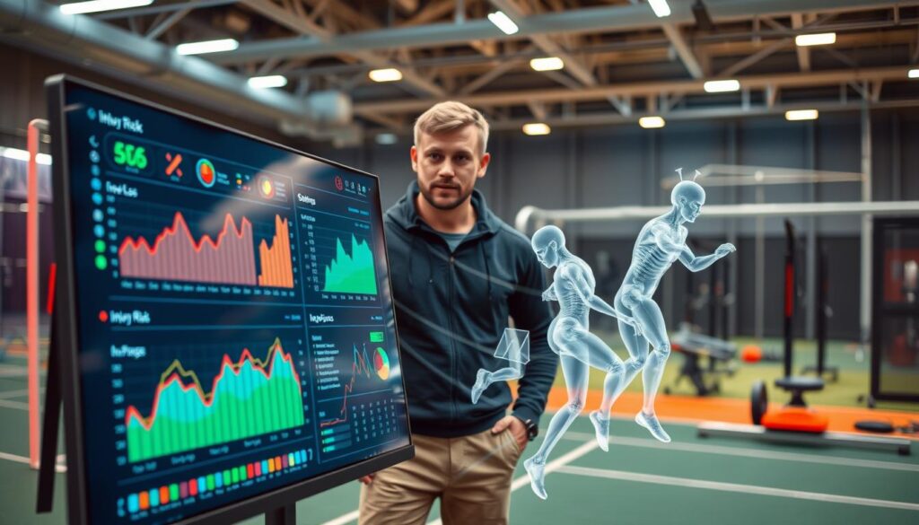 A dynamic visualization of AI sports coaching focused on injury prediction analytics. In the foreground, a sleek digital dashboard displaying colorful graphs and charts depicting data trends, injury risk levels, and player performance metrics. The middle ground features a professional sports coach, dressed in a modest casual outfit, analyzing the dashboard with a thoughtful expression, while digital holograms of athletes in motion surround them, symbolizing injury-prone movements. The background showcases a modern sports facility with high-tech training equipment and ambient lighting that reflects a cutting-edge atmosphere. The overall mood is one of innovation and focus, emphasizing the integration of technology and personalized training strategies for enhanced athlete safety.