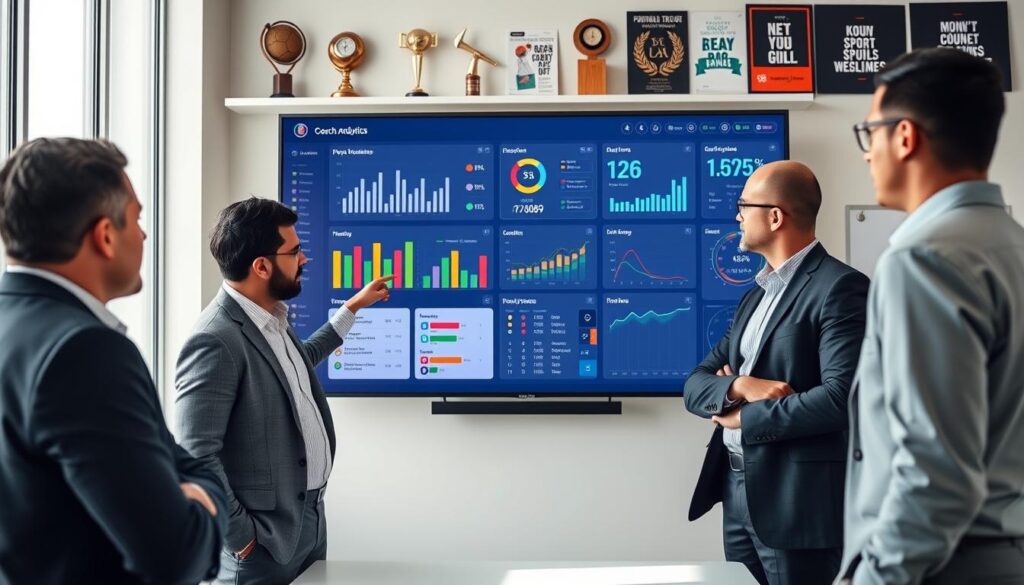 A modern coach analytics dashboard shared on a large digital screen in a bright, well-lit conference room. In the foreground, a diverse group of three coaches, dressed in professional business attire, stand attentively, engaged in discussion while pointing at the data on the screen. The middle layer features the dashboard displaying various analytics charts, graphs, and player statistics, all in vibrant colors with clear labels. The background includes shelves with sports awards and motivational posters, creating an inspiring atmosphere. Soft natural lighting from large windows enhances the scene, and the angle captures the coaches’ expressions of focus and collaboration, embodying the mood of teamwork and insight-sharing.