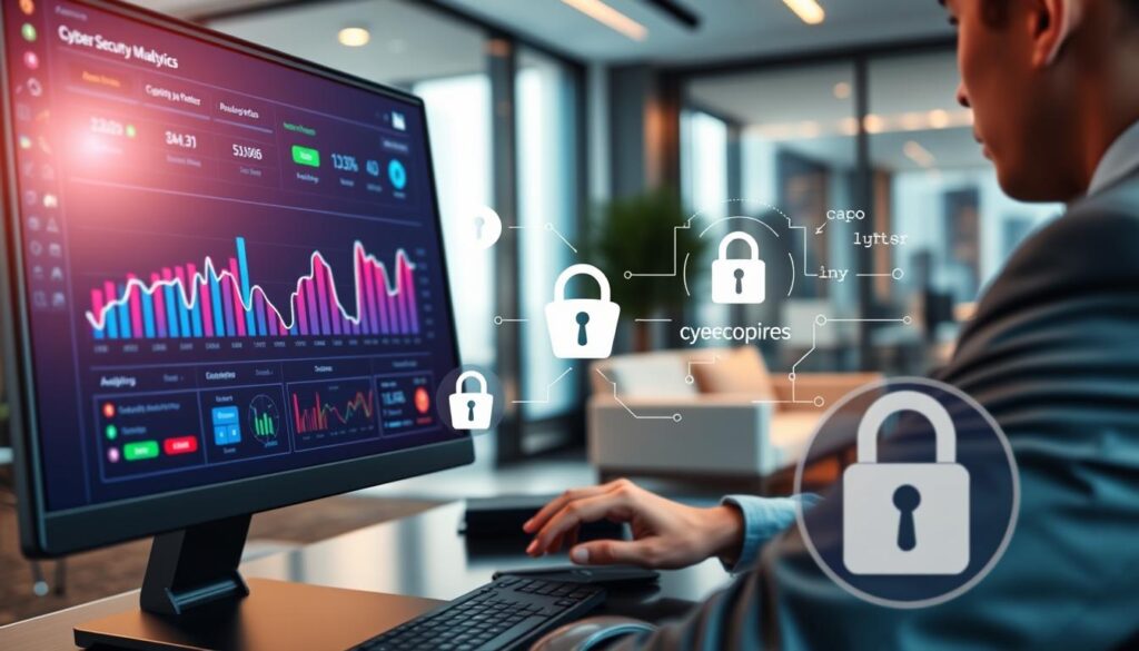 A modern, high-tech data dashboard on a sleek computer screen, displaying colorful graphs and analytics related to security metrics. In the foreground, a professional individual in smart business attire is analyzing the dashboard with a focused expression, their fingers poised over the keyboard. The middle ground features various elements representing cybersecurity: a padlock symbol, a shield icon, and digital code snippets subtly integrated into the design. The background showcases an office environment with soft, warm lighting, highlighting modern furniture and a large window revealing a city skyline. The atmosphere is one of concentration and professionalism, emphasizing the importance of data security in coaching analytics. The image should evoke trust and innovation in the realm of data protection.