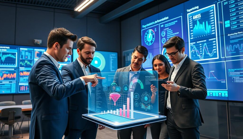 A sleek, modern office setting serves as the background, with large screens displaying complex performance analysis graphs and data. In the foreground, a diverse group of professionals in smart casual attire are engaged in a discussion around a digital tablet, analyzing training metrics. One person points to a graph, while another takes notes, focused and attentive. The middle ground features a holographic interface illustrating AI algorithms processing real-time sports data. The lighting is bright and dynamic, highlighting the vibrant colors of the graphics, with a futuristic ambiance. The overall mood is collaborative and innovative, showcasing the synergy between technology and sports education in performance analysis.