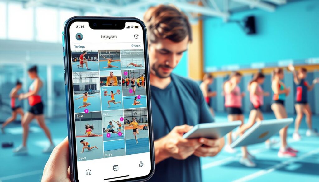 A vibrant digital illustration depicting a smartphone screen showcasing Instagram Stories related to technique corrections in sports coaching. In the foreground, the smartphone displays multiple vertical story frames featuring clips of athletes performing various sports techniques, like running, swimming, and gymnastics, with overlays of colorful annotations highlighting corrections. In the middle ground, a focused coach is seen analyzing the screen, wearing professional sports attire, and taking notes on a tablet. The background includes a bright gym atmosphere with training equipment and enthusiastic athletes practicing. Soft, natural lighting creates an engaging and motivational ambiance, emphasizing the dynamic interaction between technology and sports coaching. The angle captures both the device and the coach collaboratively improving performance in a contemporary coaching setup.