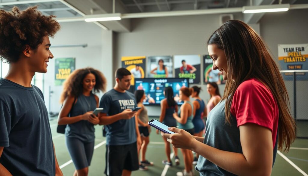 A vibrant scene depicting a group of teens engaging with a sports coaching app on their smartphones, standing in a modern sports facility. In the foreground, two diverse teens, one with curly hair and the other with straight hair, are animatedly discussing the app's features, dressed in casual athletic wear. In the middle ground, other teens gather around a digital display showing various sports training programs, all engaged and enthusiastic. The background features gym equipment and motivational posters highlighting teamwork and skill development. Soft, natural lighting floods the space, creating an energetic yet focused atmosphere. The camera angle captures the excitement and collaboration, emphasizing the app's role in peer-to-peer coaching for young athletes. Aim for a dynamic and uplifting mood that reflects empowerment and learning through technology.