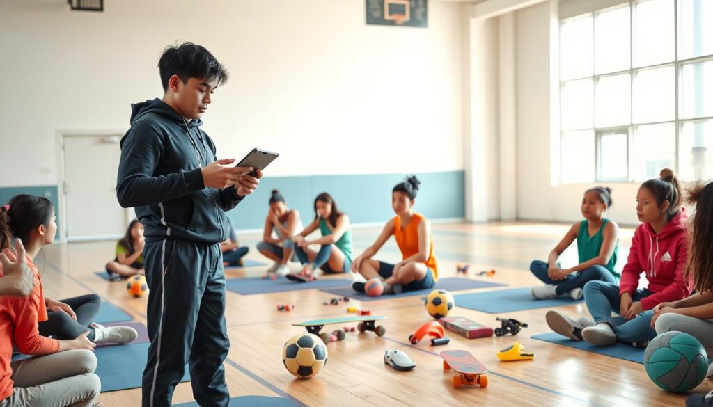 A vibrant sports workshop scene showcasing a diverse group of teens engaged in peer-to-peer coaching. In the foreground, a confident teen in professional athletic wear demonstrates a tech-based skill using a tablet, surrounded by attentive peers seated on gym mats, all wearing casual, sporty clothing. In the middle ground, colorful sports equipment like soccer balls, skateboard decks, and tech gadgets are scattered, indicating hands-on learning. The background features a bright, well-lit gymnasium with large windows, letting in natural light that fosters an energetic atmosphere. The camera angle is slightly elevated, focusing on the interaction between the coach and participants. The mood is collaborative and enthusiastic, emphasizing youthful energy and teamwork.