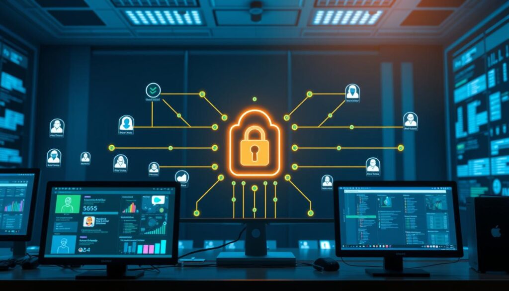 A detailed and visually engaging online team security data collection diagram, showcasing various types of data being gathered from team members in a sporting context. In the foreground, include computer screens displaying icons representing personal and performance information, such as GPS data, health statistics, and messaging logs. The middle layer should show network lines connecting these screens to a centralized secure server, symbolizing data flow and encryption. The background features a stylized digital lock and key graphic, representing security. Use a cool color palette with blues and greens to evoke a sense of trust and technology. The lighting is soft and focused, simulating a professional workspace atmosphere. Use a high-resolution, wide-angle perspective to capture all elements harmoniously. The overall mood should convey a sense of security and professionalism in managing sensitive data.