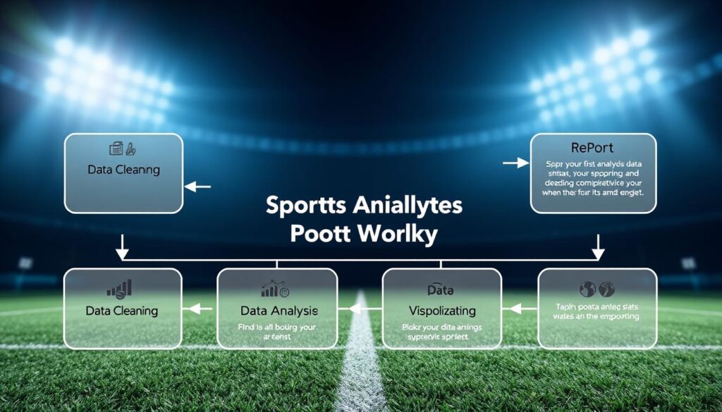 A detailed sports analytics project workflow diagram, showcasing a structured, step-by-step process. In the foreground, include distinct boxes representing key stages: Data Collection, Data Cleaning, Data Analysis, Visualization, and Reporting, interconnected with arrows to indicate flow. The middle features icons like graphs, charts, and sports equipment to symbolize the analytics focus, while the background depicts a subtle blend of a sports field and digital data streams, enhancing the theme. Use bright, professional lighting to maintain clarity and engagement. The overall atmosphere should be dynamic and motivating, inspiring young data enthusiasts to embark on their first analysis project.
